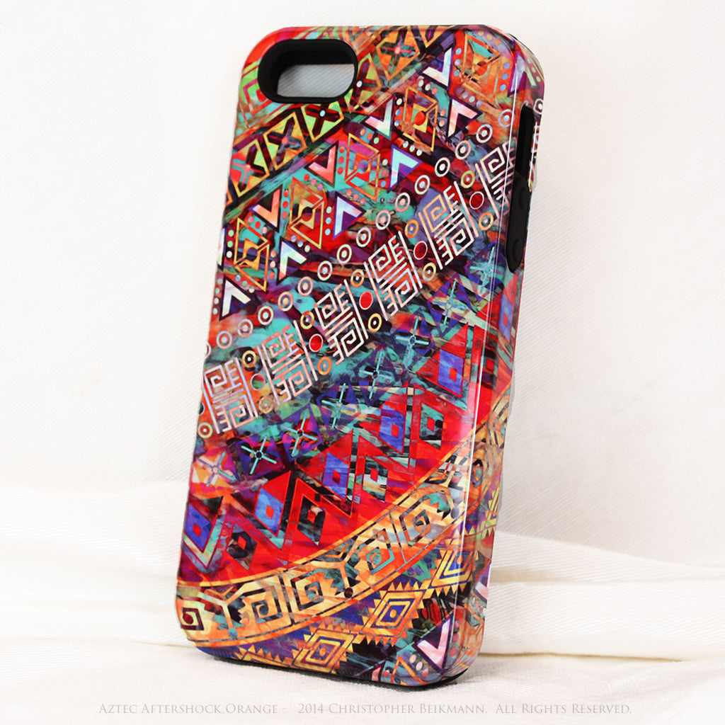 Orange Tribal iPhone 5s SE TOUGH Case - Tribal Abstract Art - "Aztec Aftershock Orange" - Dual Layer Case by Da Vinci Case - iPhone 5 5s TOUGH Case - Fusion Idol Arts - New Mexico Artist Christopher Beikmann