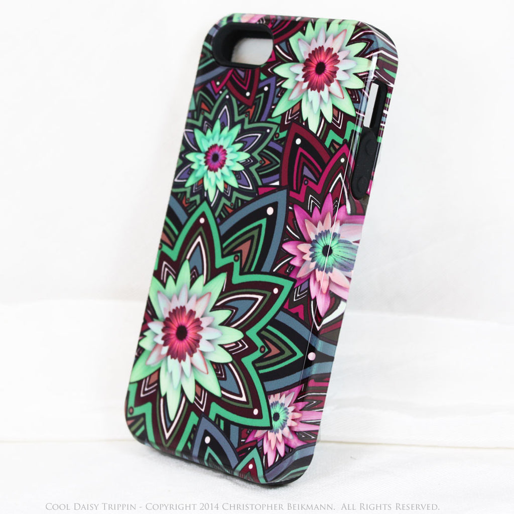 Purple and Green Floral iPhone 5s SE TOUGH Case - Cool Daisy Trippin - Geometric Daisy Flower Dual Layer iPhone Case - iPhone 5 5s TOUGH Case - Fusion Idol Arts - New Mexico Artist Christopher Beikmann