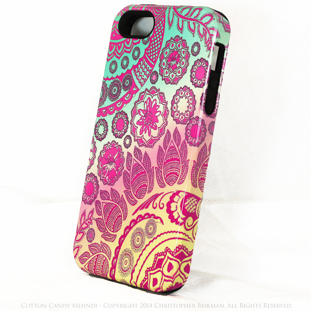 Pastel Paisley iPhone 5s SE TOUGH Case - Cotton Candy Mehndi - Yellow, Pink and Green Floral iPhone 5s SE Case - iPhone 5 5s TOUGH Case - Fusion Idol Arts - New Mexico Artist Christopher Beikmann