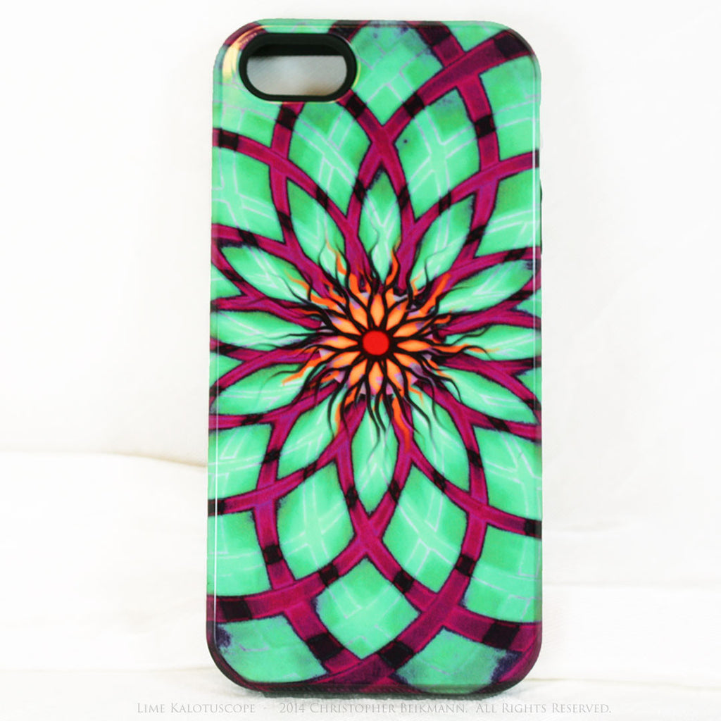 Lime Green and Purple Geometric iPhone 5s SE TOUGH Case - Green Kalotuscope - Abstract Lotus Flower Dual Layer iPhone Case - iPhone 5 5s TOUGH Case - Fusion Idol Arts - New Mexico Artist Christopher Beikmann