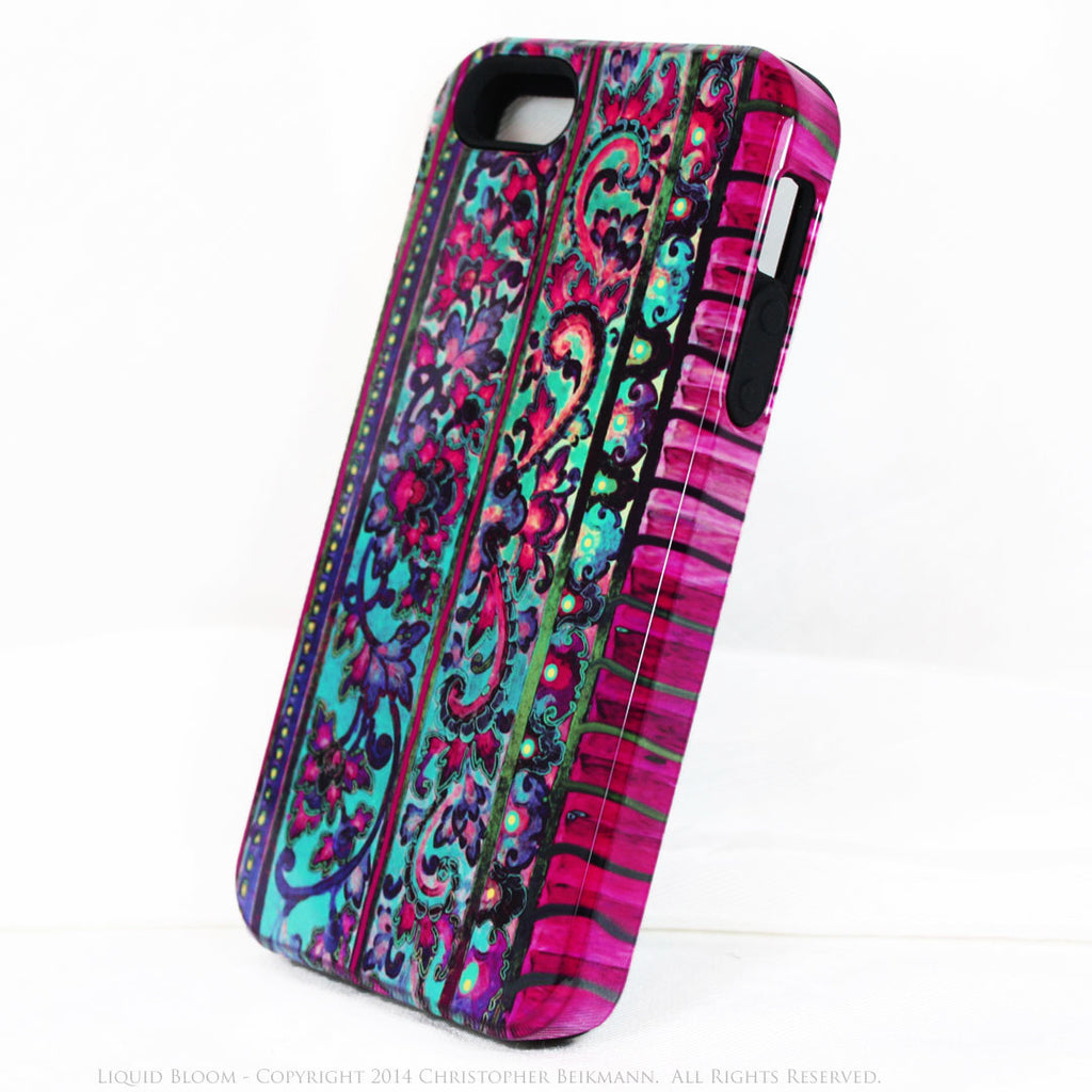 Floral iPhone 5s SE TOUGH Case - Malaya - Tropical Blue & Pink Floral Art - Artisan Case for iPhone 5s SE - iPhone 5 5s TOUGH Case - Fusion Idol Arts - New Mexico Artist Christopher Beikmann