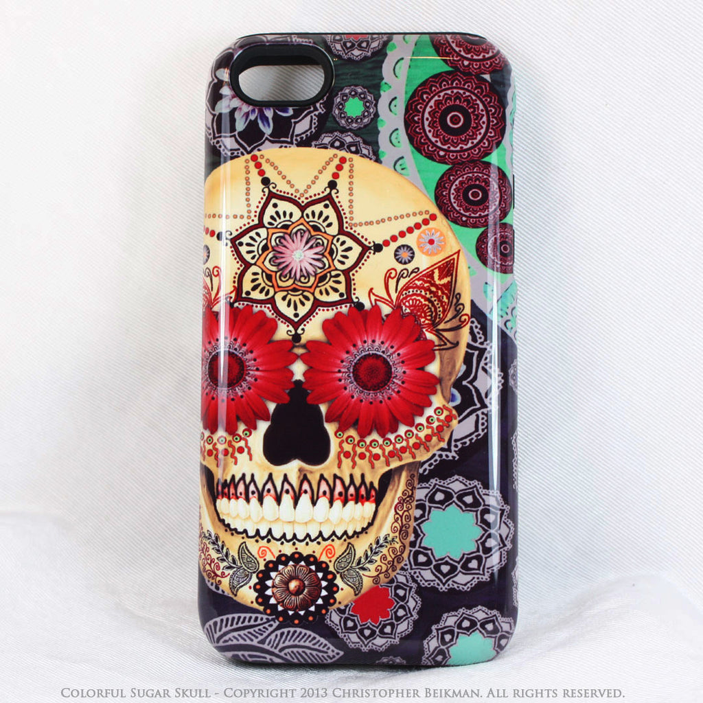 iPhone 5s SE TOUGH Case -Colorful - Sugar Skull Paisley Garden - Dia De Los Muertos - Artistic Case For iPhone 5s SE - iPhone 5 5s TOUGH Case - Fusion Idol Arts - New Mexico Artist Christopher Beikmann
