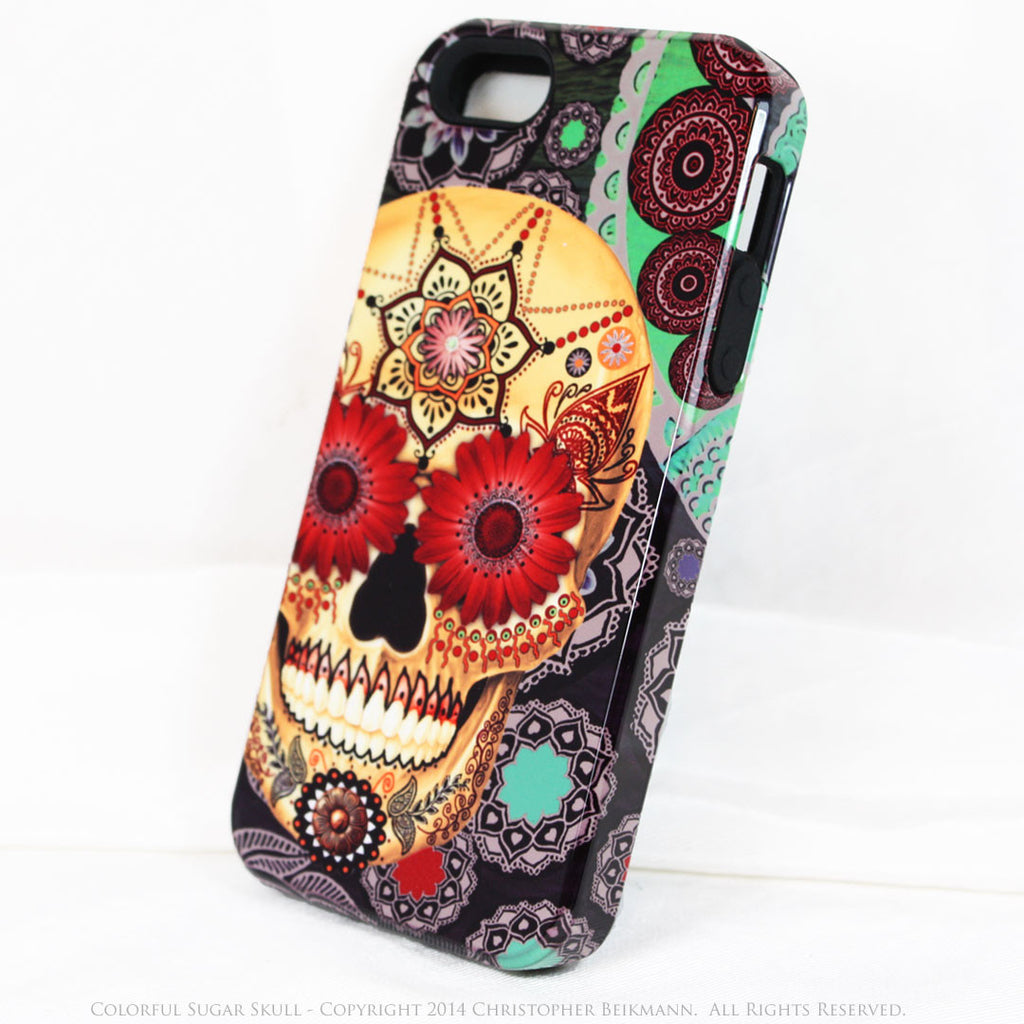 iPhone 5s SE TOUGH Case -Colorful - Sugar Skull Paisley Garden - Dia De Los Muertos - Artistic Case For iPhone 5s SE - iPhone 5 5s TOUGH Case - Fusion Idol Arts - New Mexico Artist Christopher Beikmann