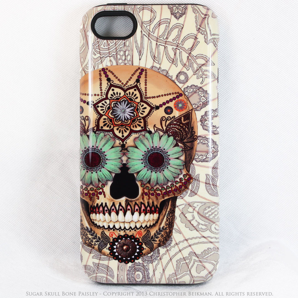 iPhone 5s SE TOUGH Case - Sugar Skull Bone Paisley - Dia De Los Muertos - Artistic Case For iPhone - iPhone 5 5s TOUGH Case - Fusion Idol Arts - New Mexico Artist Christopher Beikmann