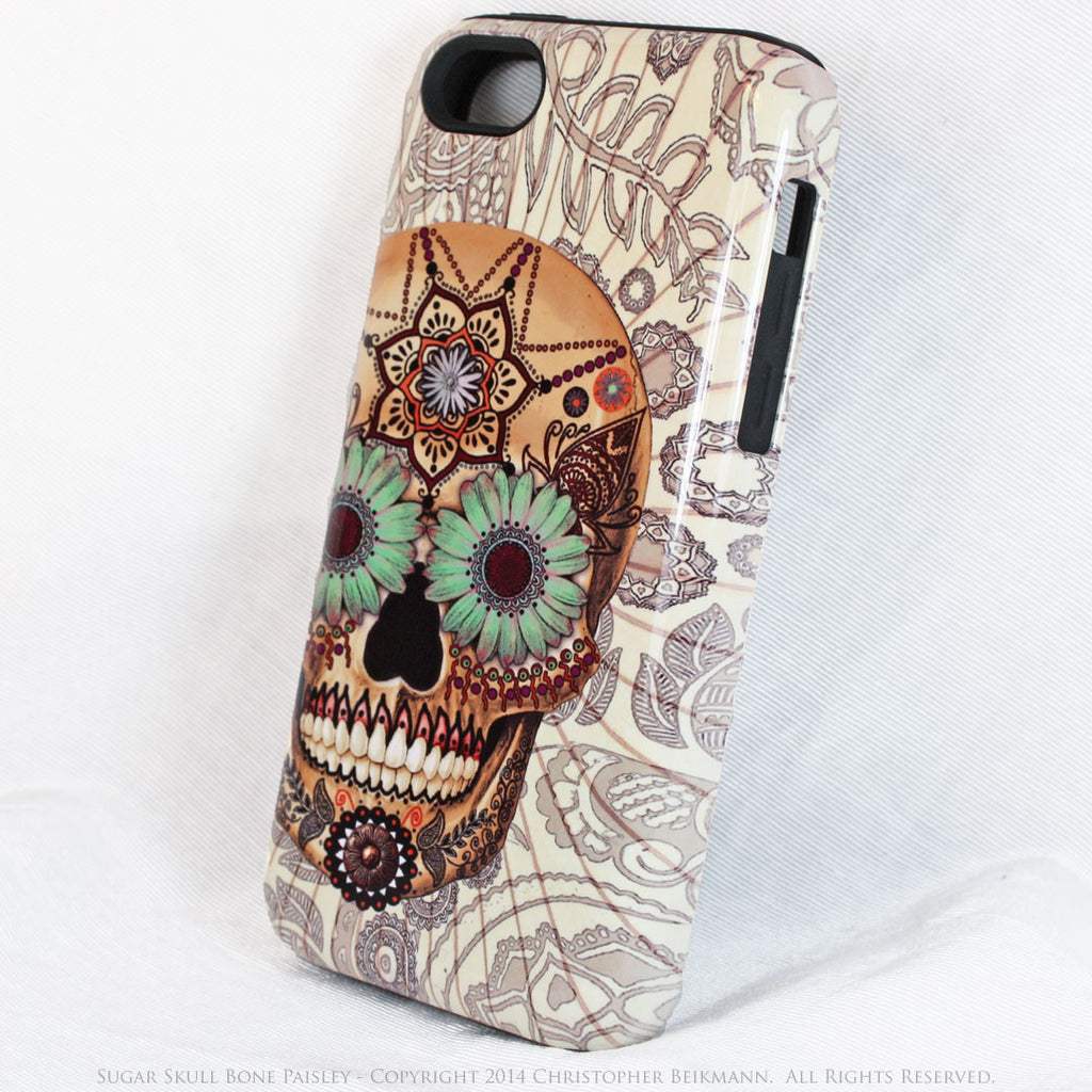 iPhone 5s SE TOUGH Case - Sugar Skull Bone Paisley - Dia De Los Muertos - Artistic Case For iPhone - iPhone 5 5s TOUGH Case - Fusion Idol Arts - New Mexico Artist Christopher Beikmann