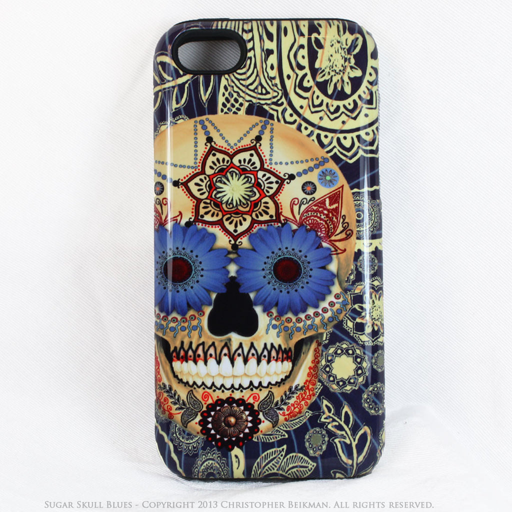 Blue Skull iPhone 5s SE Case - Sugar Skull Blues - Dia De Los Muertos iphone case - Artistic Case For iPhone 5s SE - iPhone 5 5s TOUGH Case - Fusion Idol Arts - New Mexico Artist Christopher Beikmann