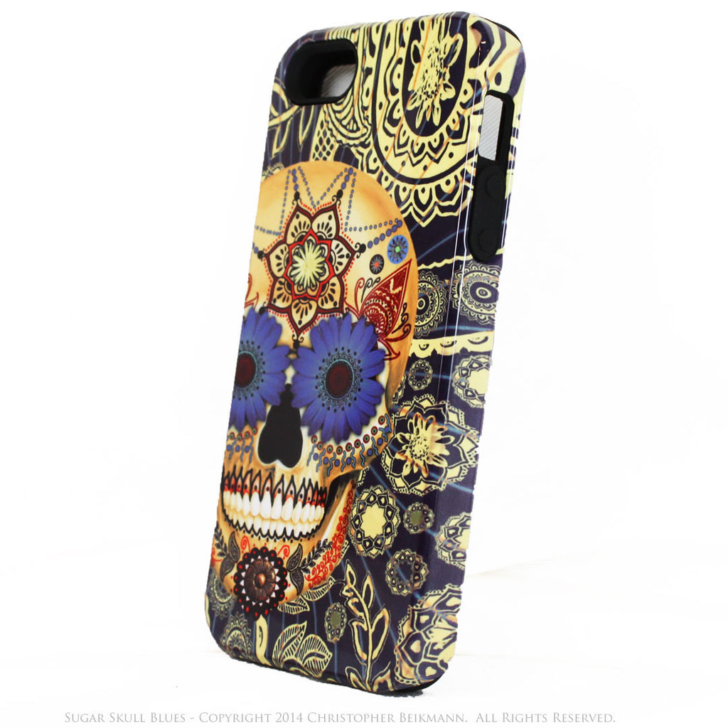 Blue Skull iPhone 5s SE Case - Sugar Skull Blues - Dia De Los Muertos iphone case - Artistic Case For iPhone 5s SE - iPhone 5 5s TOUGH Case - Fusion Idol Arts - New Mexico Artist Christopher Beikmann