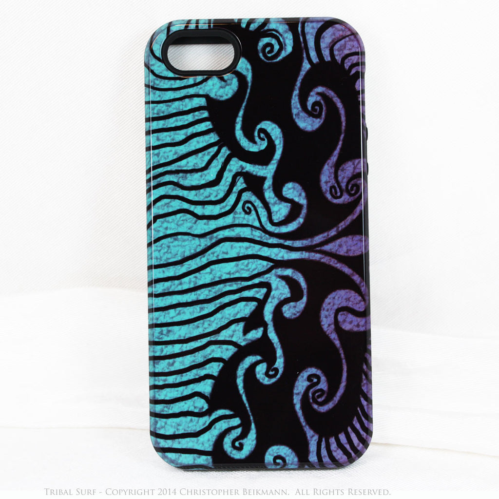 Tribal iPhone 5s SE TOUGH Case - Blue Abstract Surfer Art - "Tribal Surf" - Dual Layer Case by Da Vinci Case - iPhone 5 5s TOUGH Case - Fusion Idol Arts - New Mexico Artist Christopher Beikmann
