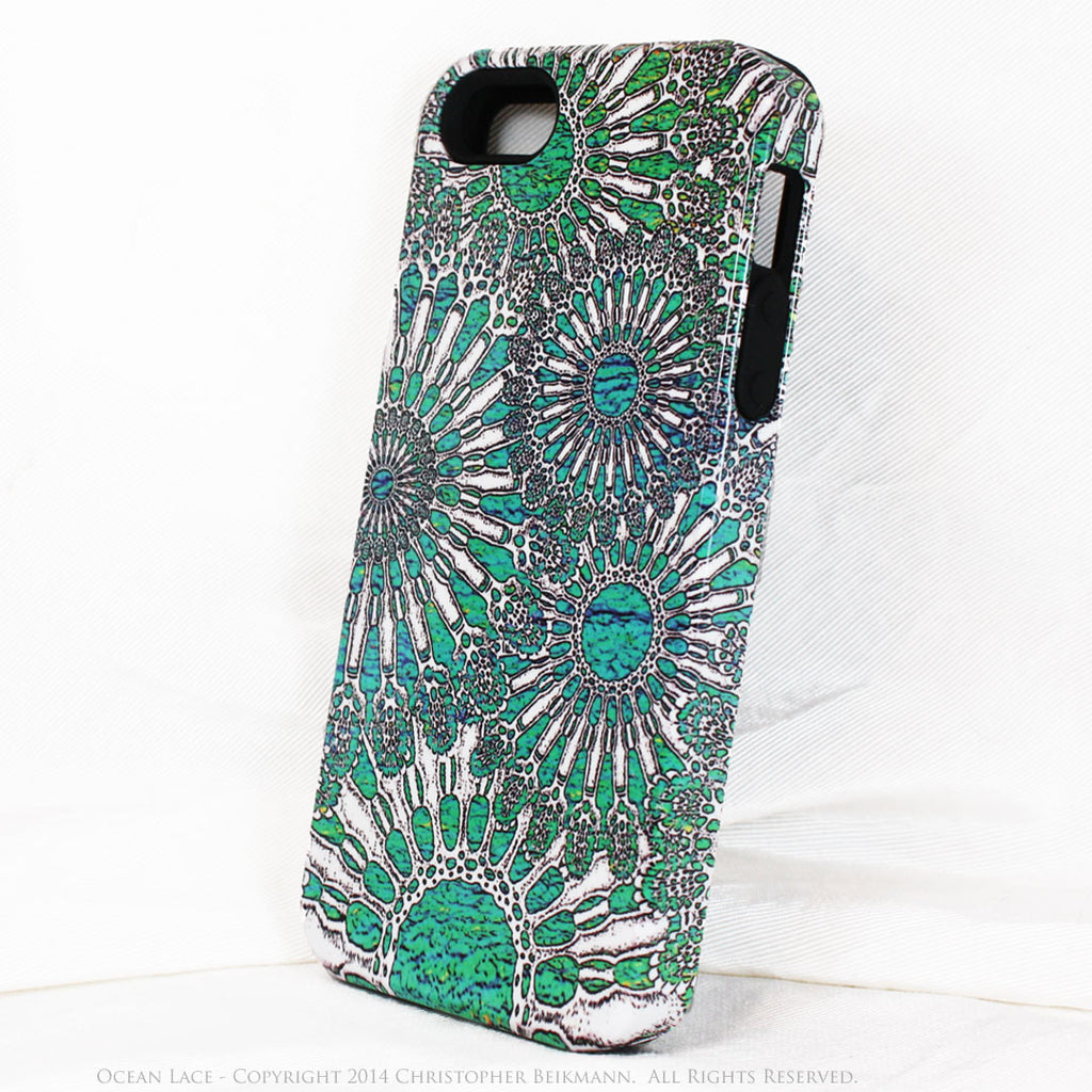 Turquoise iPhone 5s SE TOUGH Case - Unique iPhone 5s SE Case with Urchin Abstract Artwork - Ocean Lace - iPhone 5 5s TOUGH Case - Fusion Idol Arts - New Mexico Artist Christopher Beikmann