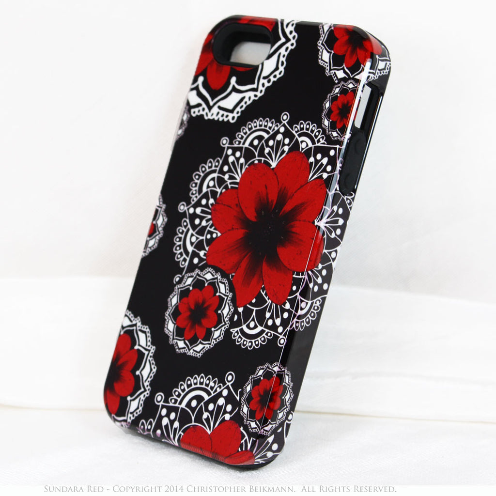 Artistic iPhone 5s SE TOUGH Case - Sundara Red - Paisley Flower Floral Art - Black and Red Mehndi Case for iPhone 5s SE - iPhone 5 5s TOUGH Case - Fusion Idol Arts - New Mexico Artist Christopher Beikmann