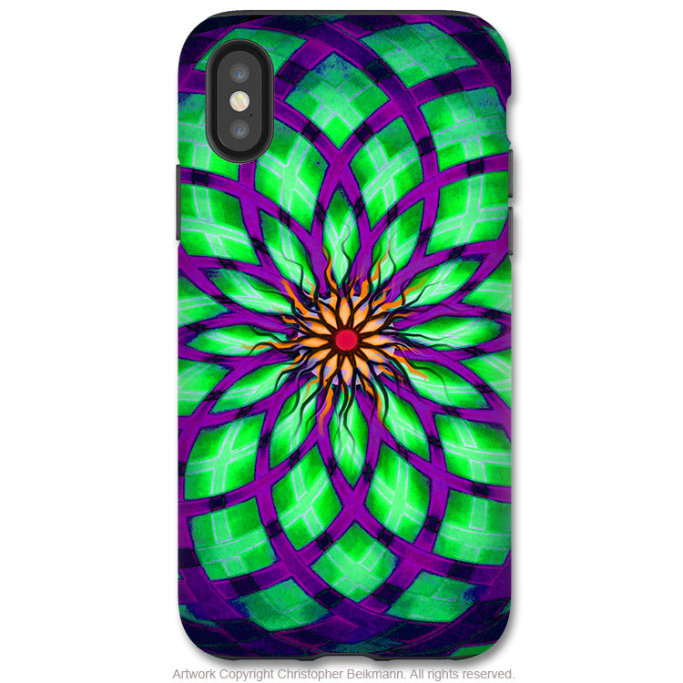 Kalotuscope - iPhone X / XS / XS Max / XR Tough Case - Dual Layer Protection for Apple iPhone 10 - Green and Purple Geometric Lotus Art Case - iPhone X Tough Case - Fusion Idol Arts - New Mexico Artist Christopher Beikmann