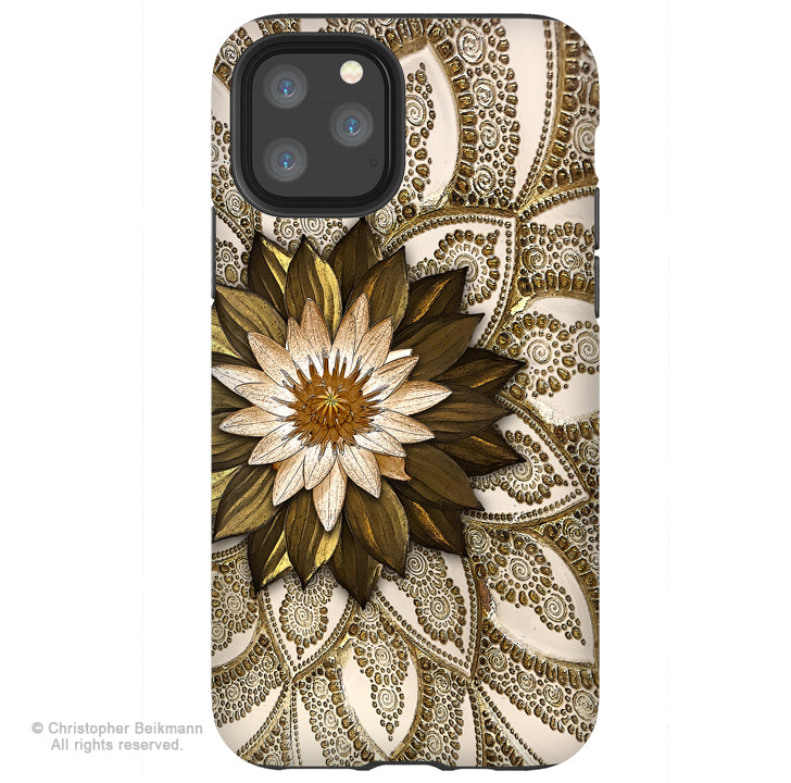 Levani Lotus - iPhone 13 / 13 Pro / 13 Pro Max / 13 Mini Tough Case Tough Case - Ivory and bronze Lotus blossom art - iPhone 13 Tough Case - Fusion Idol Arts - New Mexico Artist Christopher Beikmann