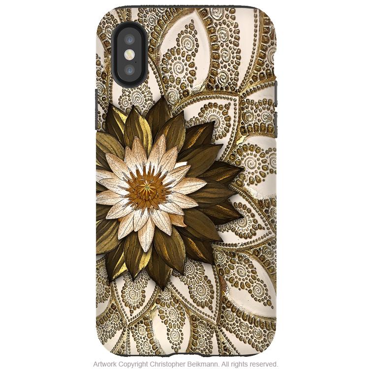 Levani Lotus - iPhone X / XS / XS Max / XR Tough Case - Dual Layer Protection for Apple iPhone 10 - Ivory and Gold Tone Lotus Flower Case - iPhone X Tough Case - Fusion Idol Arts - New Mexico Artist Christopher Beikmann