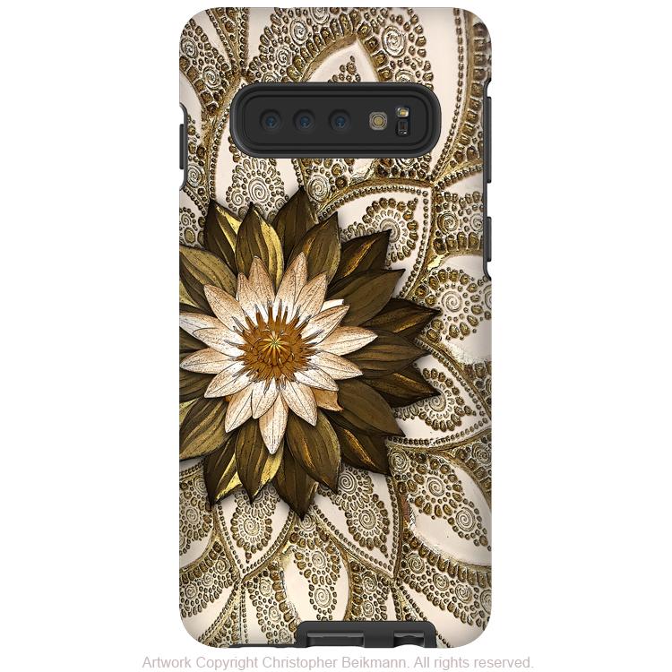 Levani Lotus - Galaxy S10 / S10 Plus / S10E Tough Case - Dual Layer Protection - Ivory and Gold tone Lotus Blossom Case - Galaxy S10 / S10+ / S10E - Fusion Idol Arts - New Mexico Artist Christopher Beikmann