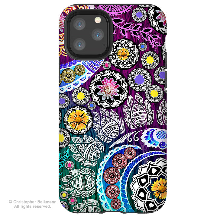 Mehndi Garden - iPhone 13 / 13 Pro / 13 Pro Max / 13 Mini Tough Case - Purple and Green Floral Paisley - iPhone 13 Tough Case - Fusion Idol Arts - New Mexico Artist Christopher Beikmann