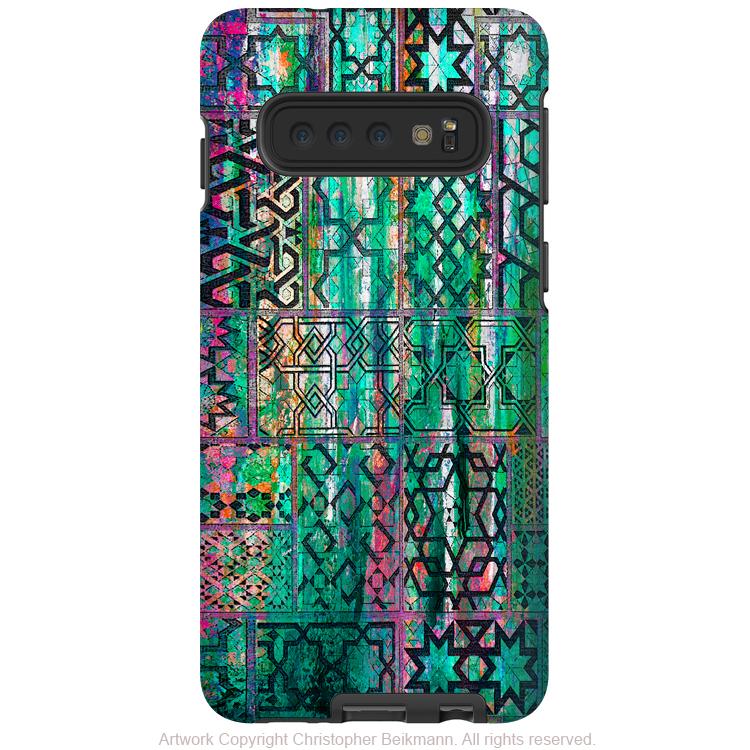 Moroccan Teal - Galaxy S10 / S10 Plus / S10E Tough Case - Dual Layer Protection - Green and Purple Geometric - Galaxy S10 / S10+ / S10E - Fusion Idol Arts - New Mexico Artist Christopher Beikmann