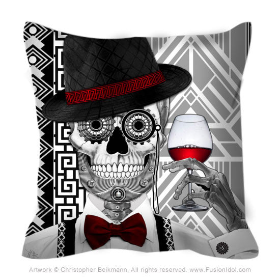 1920's Sugar Skull Throw Pillow - Mr JD Vanderbone - Throw Pillow - Fusion Idol Arts - New Mexico Artist Christopher Beikmann
