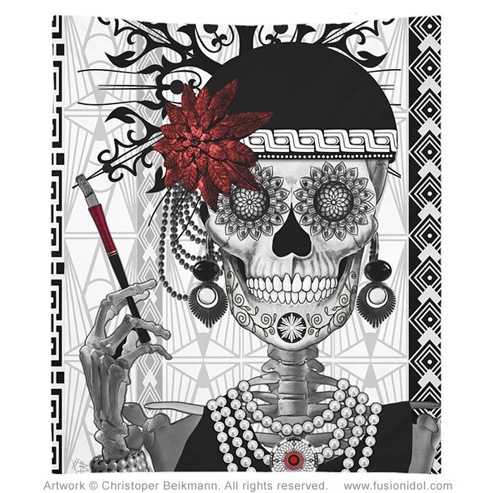 Flapper Girl Sugar Skull Tapestry - Mrs Gloria Vanderbone - Tapestry - Fusion Idol Arts - New Mexico Artist Christopher Beikmann