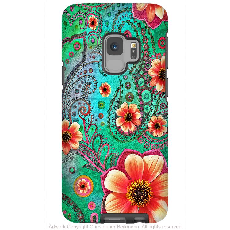 Paisley Paradise - Galaxy S9 / S9 Plus / Note 9 Tough Case - Dual Layer Protection for Samsung S9 - Teal and Orange Floral Case - Galaxy S9 / S9+ / Note 9 - Fusion Idol Arts - New Mexico Artist Christopher Beikmann