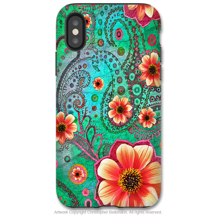 Paisley Paradise - iPhone X / XS / XS Max / XR Tough Case - Dual Layer Protection for Apple iPhone 10 - Teal Paisley Floral Art Case - iPhone X Tough Case - Fusion Idol Arts - New Mexico Artist Christopher Beikmann
