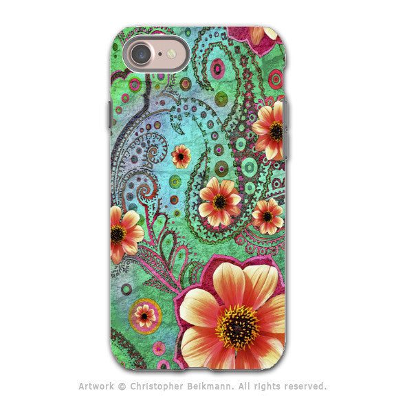 Teal Floral Paisley - Artistic iPhone 7 Tough Case - Dual Layer Protection - Paisley Paradise - iPhone 7 Tough Case - Fusion Idol Arts - New Mexico Artist Christopher Beikmann