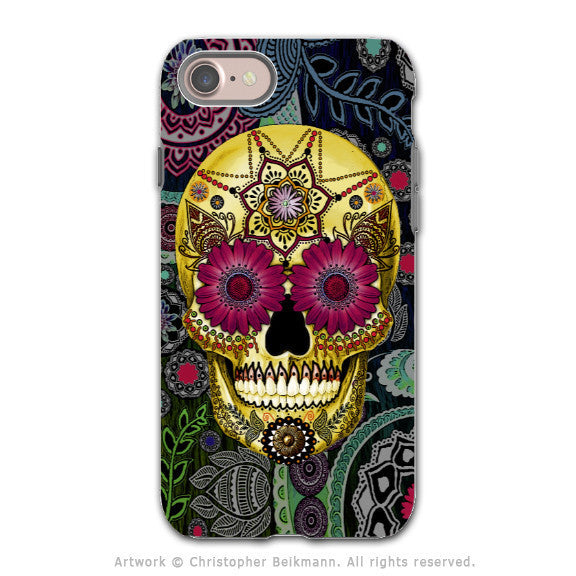 Colorful Paisley Sugar Skull - Artistic iPhone 8 Tough Case - Dual Layer Protection - Sugar Skull Paisley Garden - iPhone 8 Tough Case - Fusion Idol Arts - New Mexico Artist Christopher Beikmann
