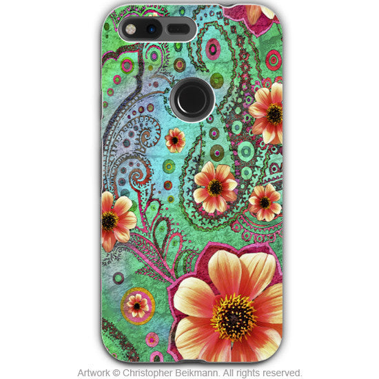 Teal Floral Paisley - Artistic Google Pixel Tough Case - Dual Layer Protection - Paisley Paradise - Google Pixel Tough Case - Fusion Idol Arts - New Mexico Artist Christopher Beikmann