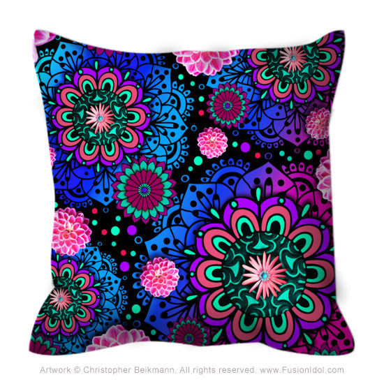 Pink and Purple Modern Floral Throw Pillow - Frilly Floratopia - Throw Pillow - Fusion Idol Arts - New Mexico Artist Christopher Beikmann