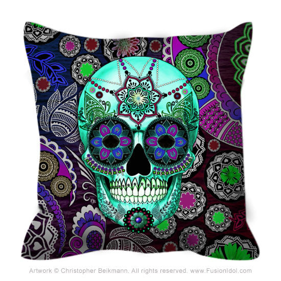 Purple Paisley Skull Throw Pillow - Sugar Skull Sombrero Night - Throw Pillow - Fusion Idol Arts - New Mexico Artist Christopher Beikmann