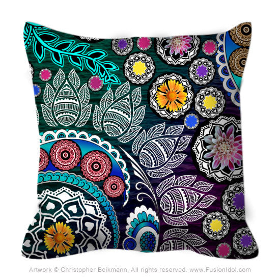 Green and Purple Indian Paisley Floral Throw Pillow - Mehndi Garden - Throw Pillow - Fusion Idol Arts - New Mexico Artist Christopher Beikmann