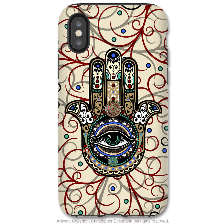Sacred Defender Hamsa - iPhone X / XS / XS Max / XR Tough Case - Dual Layer Protection for Apple iPhone 10 - Evil Eye Protection Good Luck Symbol - iPhone X Tough Case - Fusion Idol Arts - New Mexico Artist Christopher Beikmann