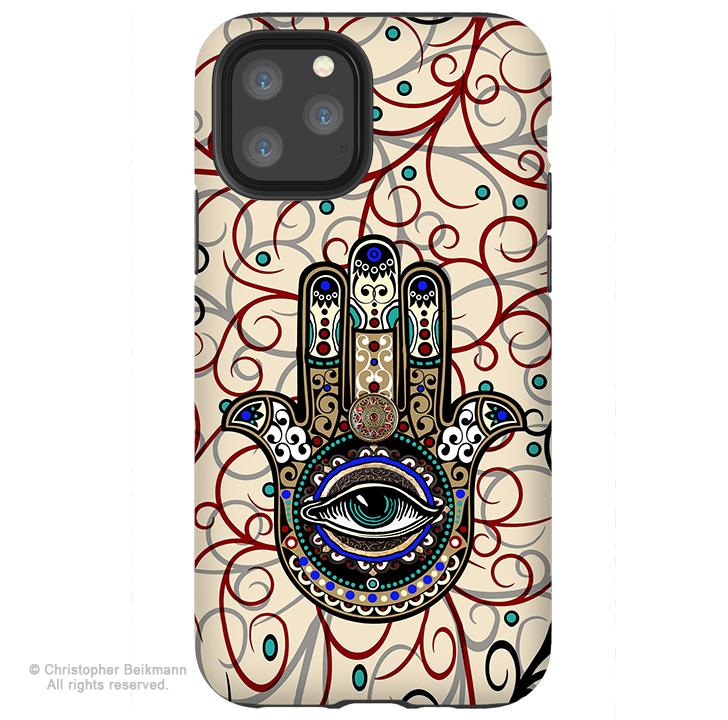 Sacred Defender Hamsa - iPhone 11 / 11 Pro / 11 Pro Max Tough Case - Dual Layer Protection for Apple iPhone XI - Evil Eye Defense Case - iPhone 11 Tough Case - Fusion Idol Arts - New Mexico Artist Christopher Beikmann