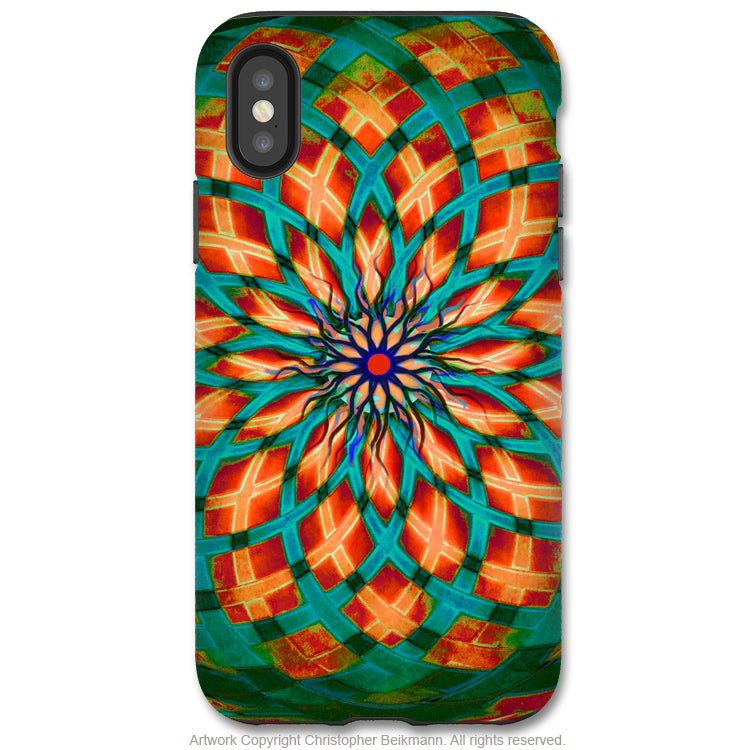 Southwest Kalotuscope - iPhone X / XS / XS Max / XR Tough Case - Dual Layer Protection for Apple iPhone 10 - Green and Orange Geometric Art Case - iPhone X Tough Case - Fusion Idol Arts - New Mexico Artist Christopher Beikmann