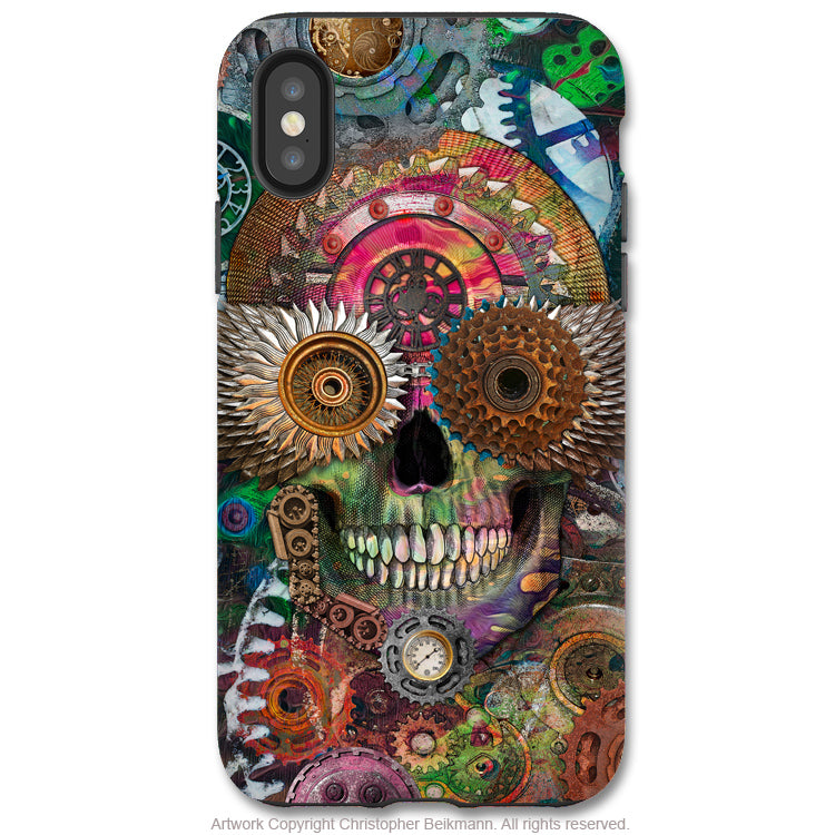 Steampunk Mechaniskull - iPhone X / XS / XS Max / XR Tough Case - Dual Layer Protection for Apple iPhone 10 - Day of the Dead Art Case - iPhone X Tough Case - Fusion Idol Arts - New Mexico Artist Christopher Beikmann