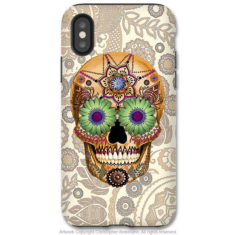 Sugar Skull Bone Paisley - iPhone X / XS / XS Max / XR Tough Case - Dual Layer Protection for Apple iPhone 10 - Day of the Dead Art Case - iPhone X Tough Case - Fusion Idol Arts - New Mexico Artist Christopher Beikmann