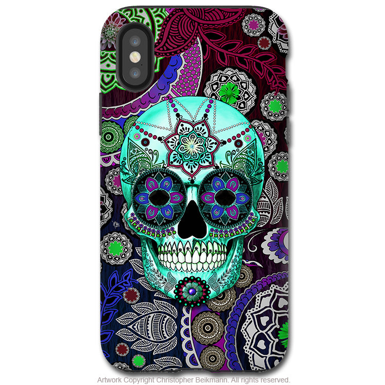 Sugar Skull Sombrero Night - iPhone X / XS / XS Max / XR Tough Case - Dual Layer Protection for Apple iPhone 10 - Purple Day of the Dead Art Case - iPhone X Tough Case - Fusion Idol Arts - New Mexico Artist Christopher Beikmann