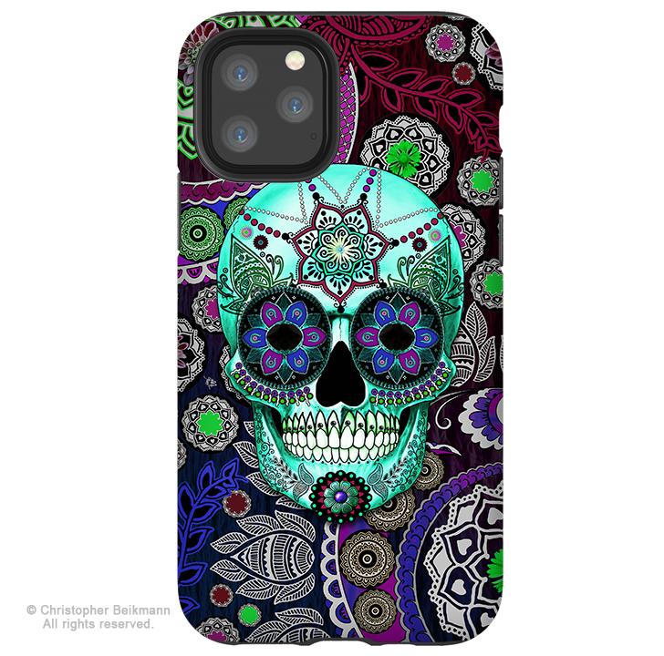 Sugar Skull Sombrero Night - iPhone  Tough Case - 12 / 12 Pro / 12 Pro Max / 12 Mini Tough Case Dual Layer Protection for Apple iPhone 12 - Purple Paisley Sugar Skull Case - iPhone 12 Tough Case - Fusion Idol Arts - New Mexico Artist Christopher Beikmann