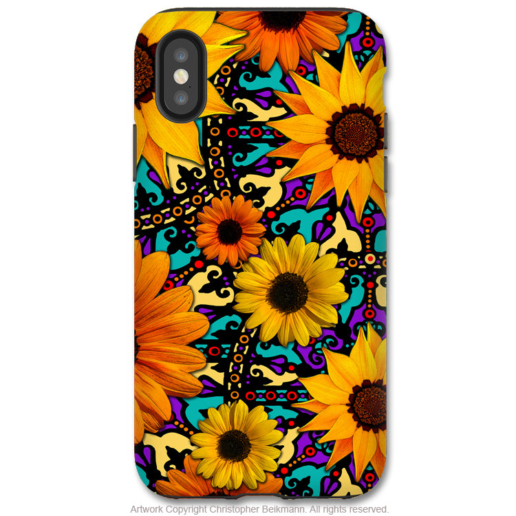 Sunflower Talavera - iPhone X / XS / XS Max / XR Tough Case - Dual Layer Protection for Apple iPhone 10 - Orange and Teal Floral Art Case - iPhone X Tough Case - Fusion Idol Arts - New Mexico Artist Christopher Beikmann