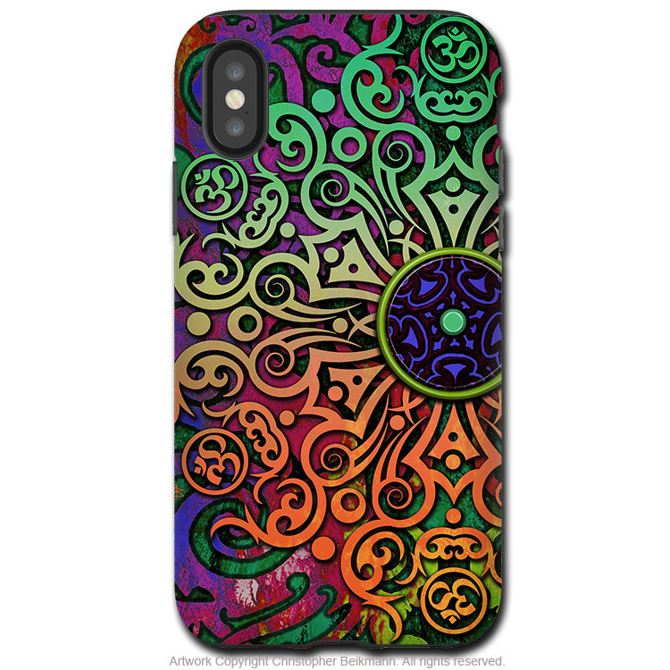 Tribal Transcendence - iPhone X / XS / XS Max / XR Tough Case - Dual Layer Protection for Apple iPhone 10 - Colorful Om Mandala Art Case - iPhone X Tough Case - Fusion Idol Arts - New Mexico Artist Christopher Beikmann