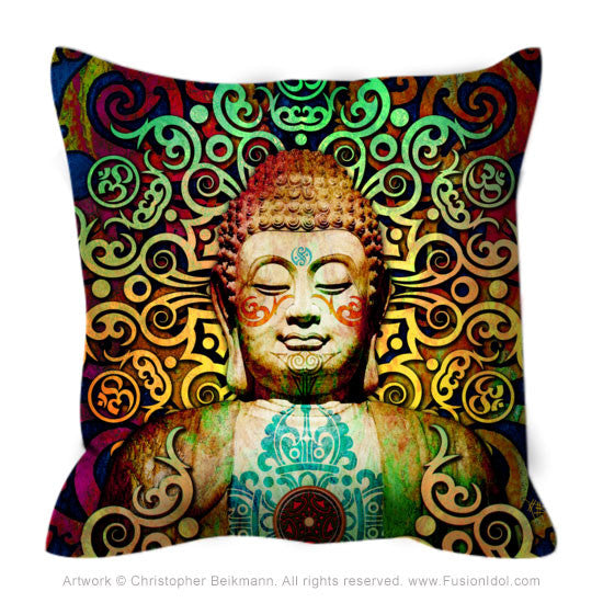 Colorful Tribal Buddha Art Throw Pillow - Heart of Transcendence - Throw Pillow - Fusion Idol Arts - New Mexico Artist Christopher Beikmann
