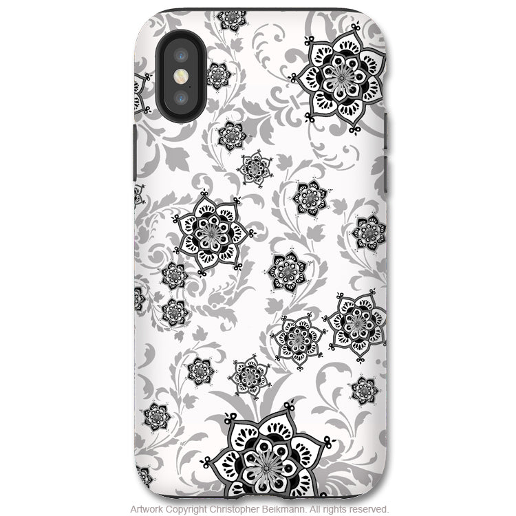 Victoriana - Paisley iPhone X / XS / XS Max / XR Tough Case - Dual Layer Protection for Apple iPhone 10 - Black and White Victorian Floral Art Case - iPhone X Tough Case - Fusion Idol Arts - New Mexico Artist Christopher Beikmann