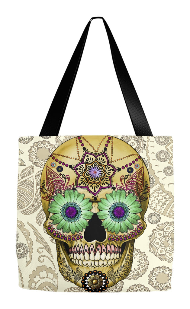 Tan Paisley Sugar Skull Day of the Dead Art Tote Bag - Sugar Skull Bone Paisley - Tote Bag - Fusion Idol Arts - New Mexico Artist Christopher Beikmann