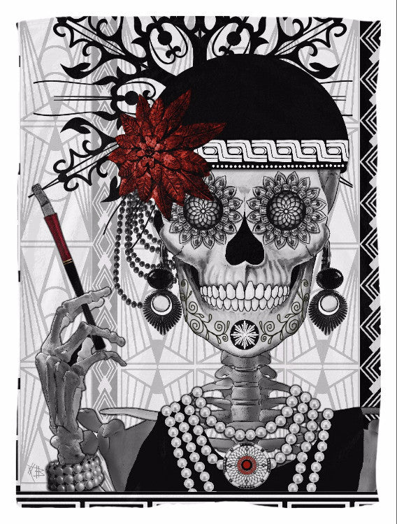 Flapper Girl Sugar Skull Fleece Blanket - Mrs. Gloria Vanderbone - Fleece Blanket - Fusion Idol Arts - New Mexico Artist Christopher Beikmann