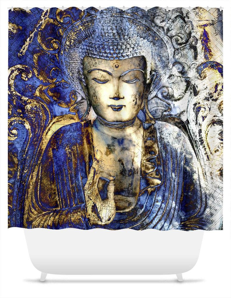 Blue and Brown Buddha Shower Curtain - Inner Guidance - Shower Curtain - Fusion Idol Arts - New Mexico Artist Christopher Beikmann