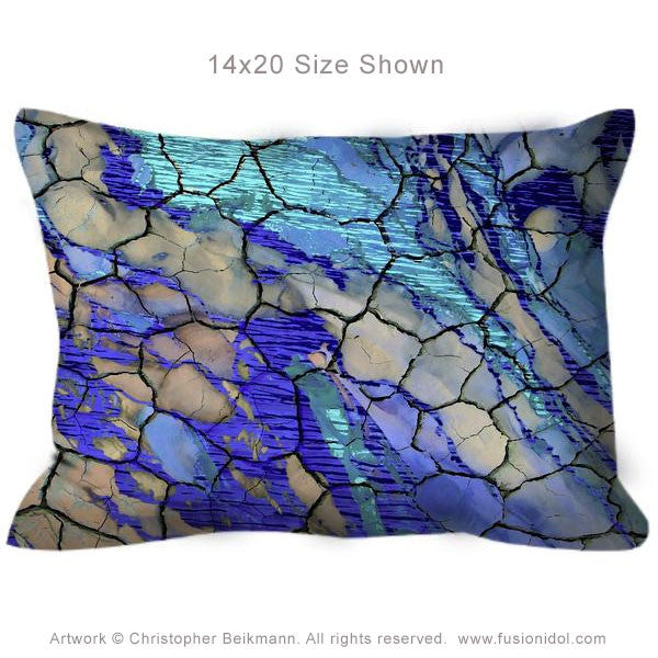 Blue and Tan Abstract Art Pillow - Cracked Earth And Water - Desert Memories - Throw Pillow - Fusion Idol Arts - New Mexico Artist Christopher Beikmann