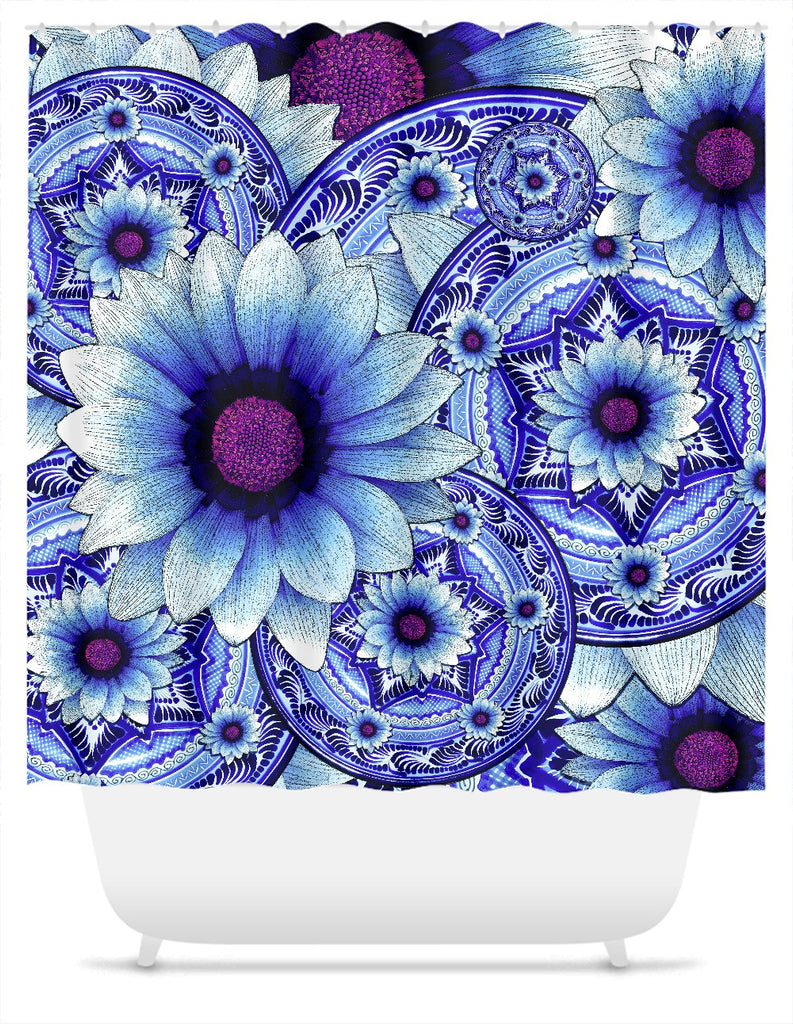 Blue Floral Shower Curtain - Talavera Alejandra - Shower Curtain - Fusion Idol Arts - New Mexico Artist Christopher Beikmann