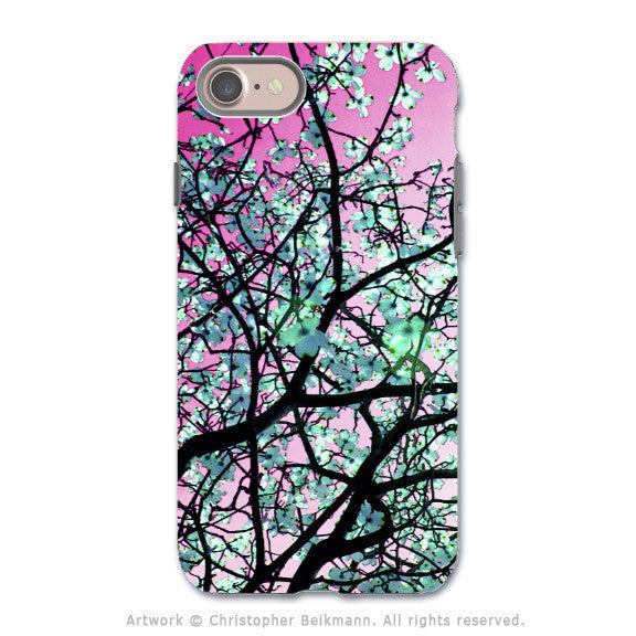 Pink Tree Blossoms - Artistic iPhone 8 Tough Case - Dual Layer Protection - Aqua Blooms - iPhone 8 Tough Case - Fusion Idol Arts - New Mexico Artist Christopher Beikmann
