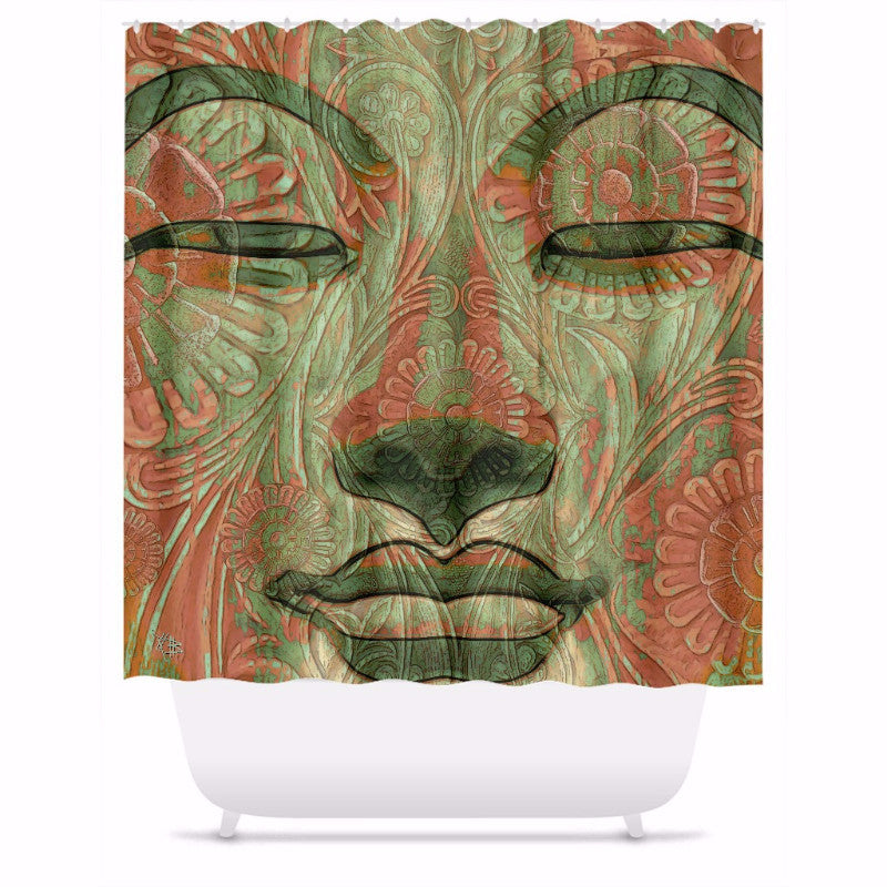 Green and Orange Buddha Face Shower Curtain - Manifestation of Mind - Shower Curtain - Fusion Idol Arts - New Mexico Artist Christopher Beikmann