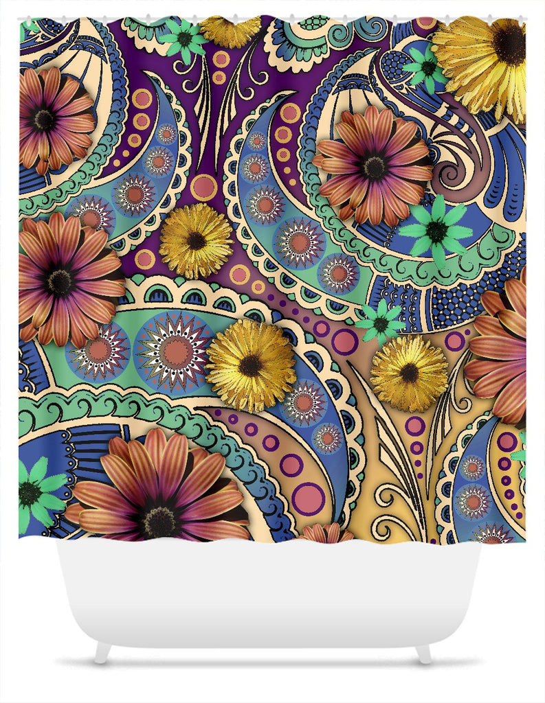 Colorful Paisley Floral Shower Curtain - Petals and Paisley - Shower Curtain - Fusion Idol Arts - New Mexico Artist Christopher Beikmann