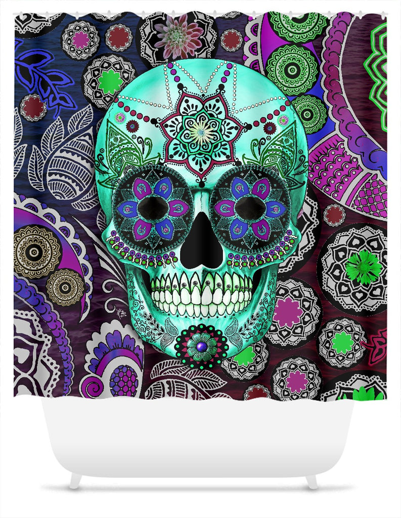 Purple Paisley Sugar Skull Shower Curtain - Sombrero Night - Shower Curtain - Fusion Idol Arts - New Mexico Artist Christopher Beikmann